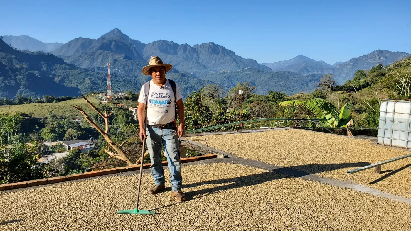 Productor trabajando en el secado del café con las montañas de Puebla al fondo